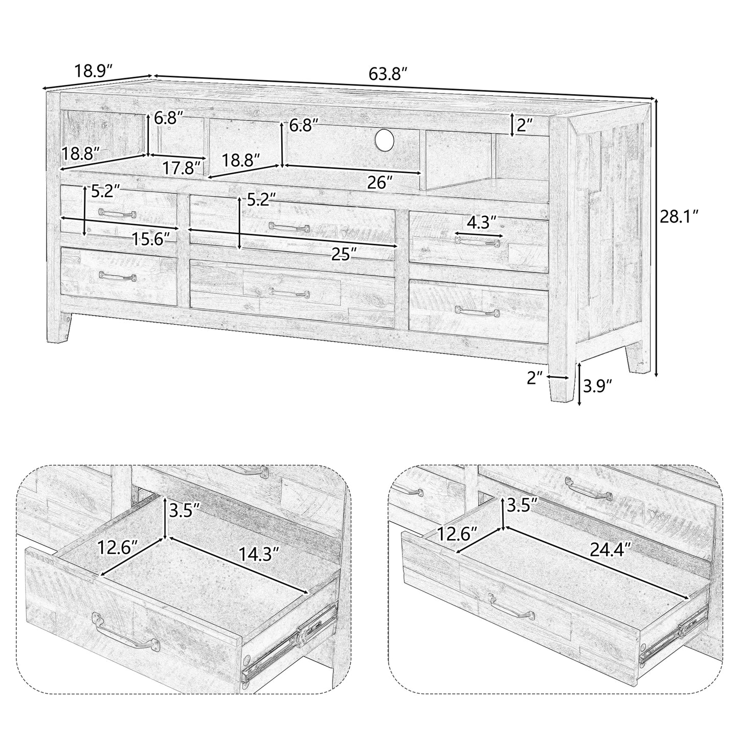 U-Can Retro Distressed Wooden TV Stand for TVs up to 65 Inches, Entertainment Center Media Console with 6 Drawers and 3 Shelves for Living room, Brown