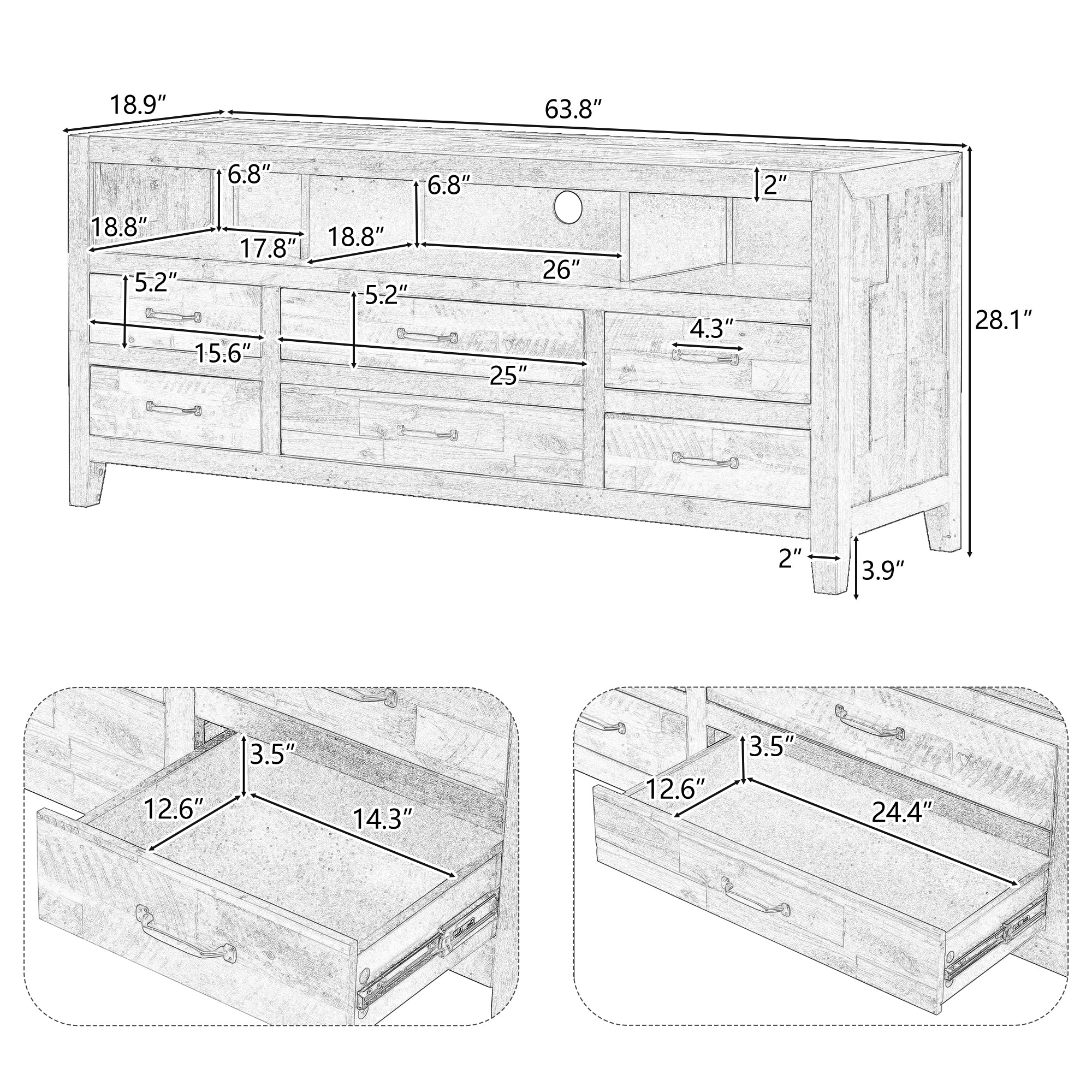 U-Can Retro Distressed Wooden TV Stand for TVs up to 65 Inches, Entertainment Center Media Console with 6 Drawers and 3 Shelves for Living room, Brown