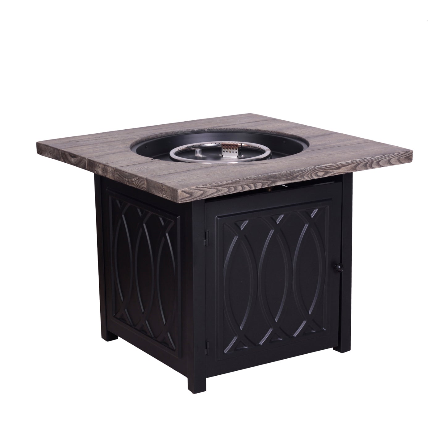 Faux Woodgrain Table top And Steel Base Propane Outdoor Fire Pit Table With Lid