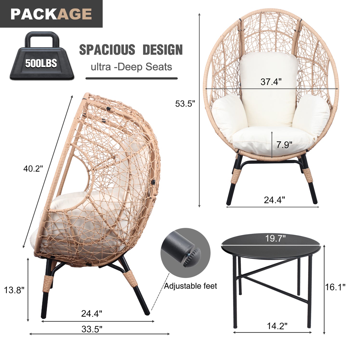 3 Pieces Patio Egg Chairs (Model 3) with Side Table Set,Natural Color PE Rattan and Beige Cushion