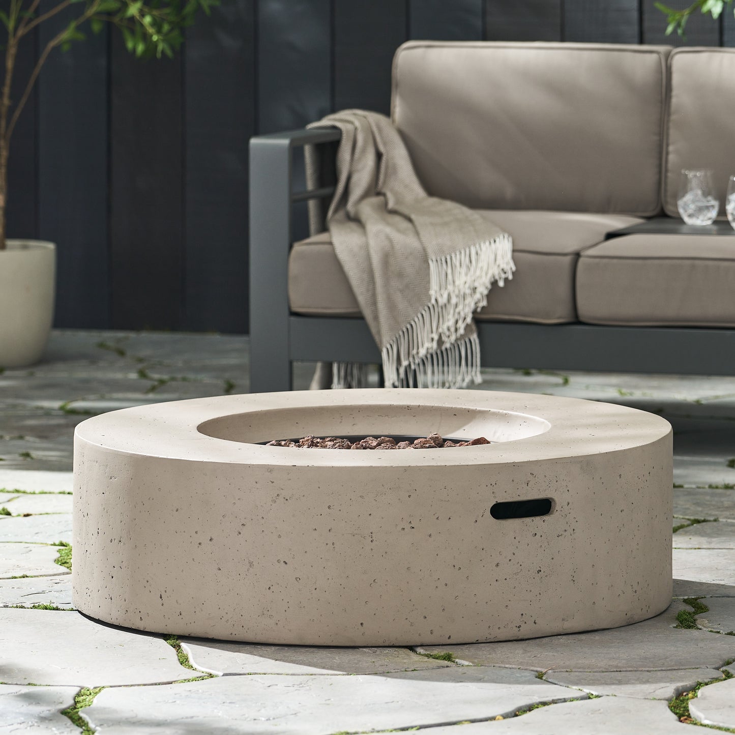 Outdoor 50,000 BTU Round MgO Concrete Propane Fire Pit, Light Grey (Tank Cover not Included)