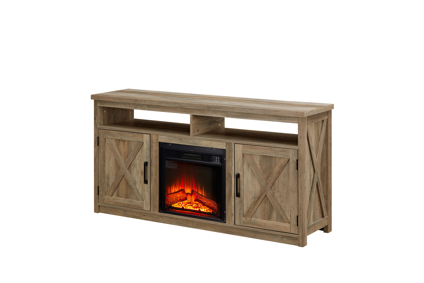 Farmhouse TV Media Stand, Large Barn Inspired Home Entertainment Console, with 18" Fireplace Insert, for TV Up to 65'', with Open Shelves and Closed Cabinets, Gray Wash 57.87*15.75*30.31