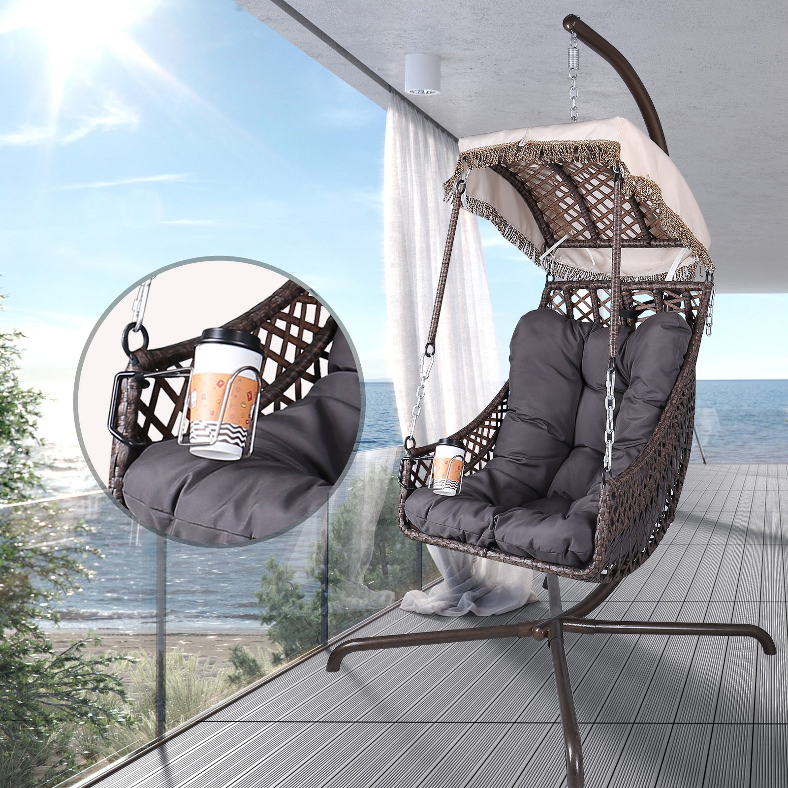 Swing Egg Chair with Stand Indoor Outdoor, Wicker Rattan Frame 350lbs Capacity Hammock Chair for Patio Bedroom with Sunshade Cloth, Courtyard, Cushion And Pillow(OLD W1132P169534)