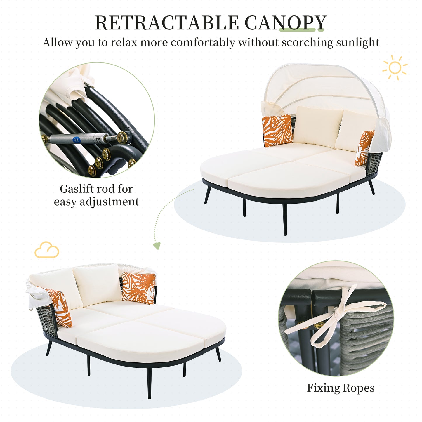 Daybed with Retractable Canopy, Outdoor Rattan PE Wicker Back Loveseat Sofa Set with Throw Pillows and Cushions for Backyard, Poolside, Garden, Beige