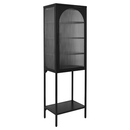 Stylish Tempered Glass High Cabinet with Arched Door Adjustable Shelves and Feet Anti-Tip Dust-free Fluted Glass Kitchen Credenza Black