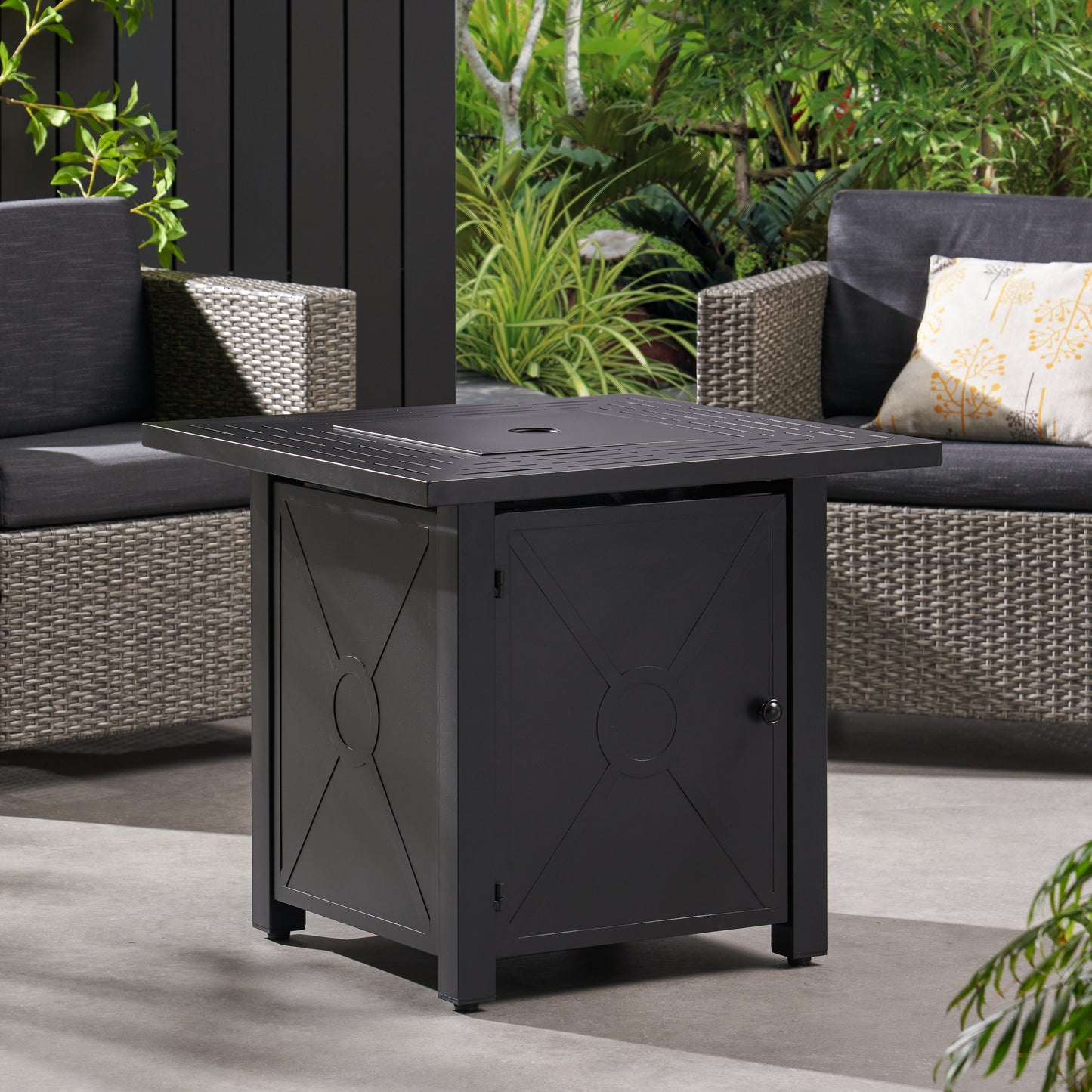 Outdoor Patio Propane Fire Pit 24.5'' H x 28'' W Square Iron Gas-burning Fire Table - 40,000 BTU, Tank in side, Black