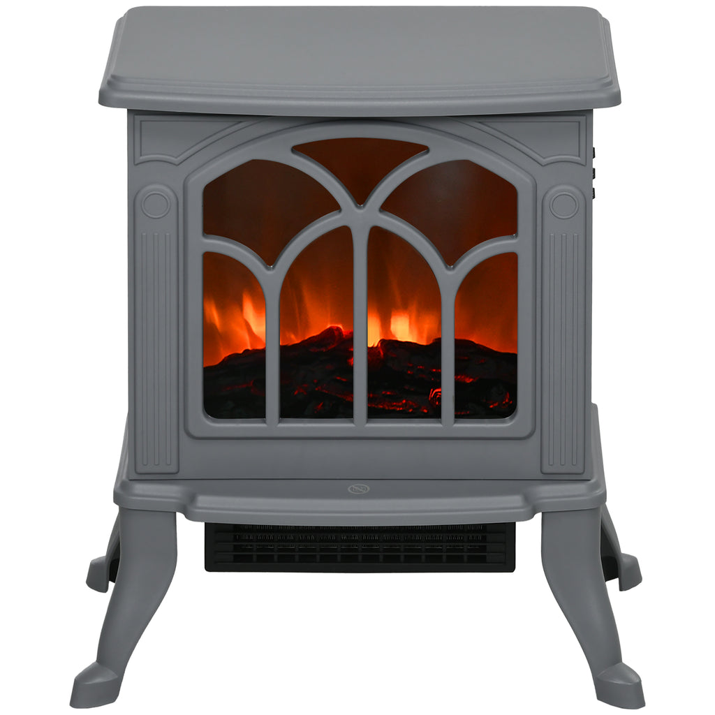 HOMCOM 17" Freestanding Electric Fireplace Stove, Fire Place Heater with Realistic Logs and Flame Effect and Overheat Protection, 750W/1500W, Gray