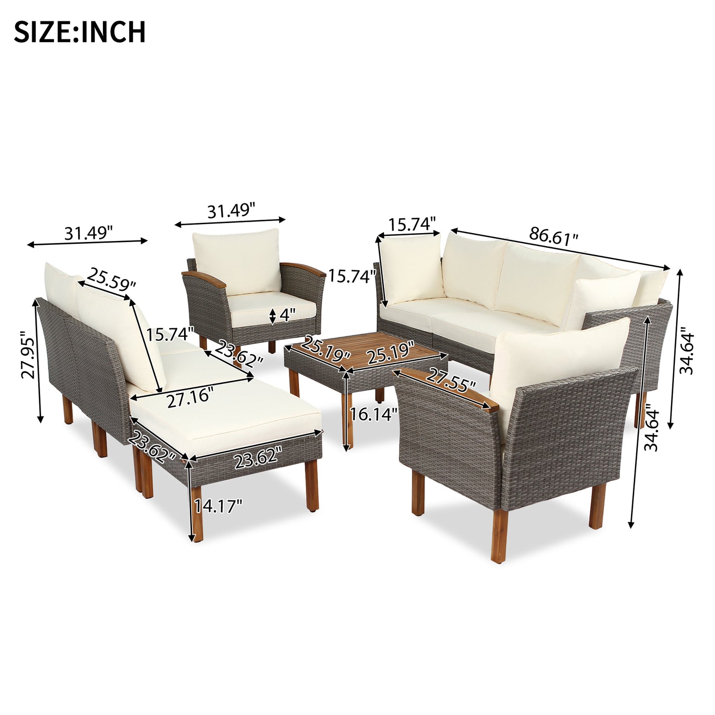 GO 9-Piece Patio Rattan Furniture Set, Outdoor Conversation Set With Acacia Wood Legs and Tabletop, PE Rattan Sectional Sofa Set with Coffee Table, Washable Cushion, Beige