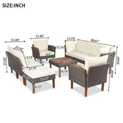 GO 9-Piece Patio Rattan Furniture Set, Outdoor Conversation Set With Acacia Wood Legs and Tabletop, PE Rattan Sectional Sofa Set with Coffee Table, Washable Cushion, Beige