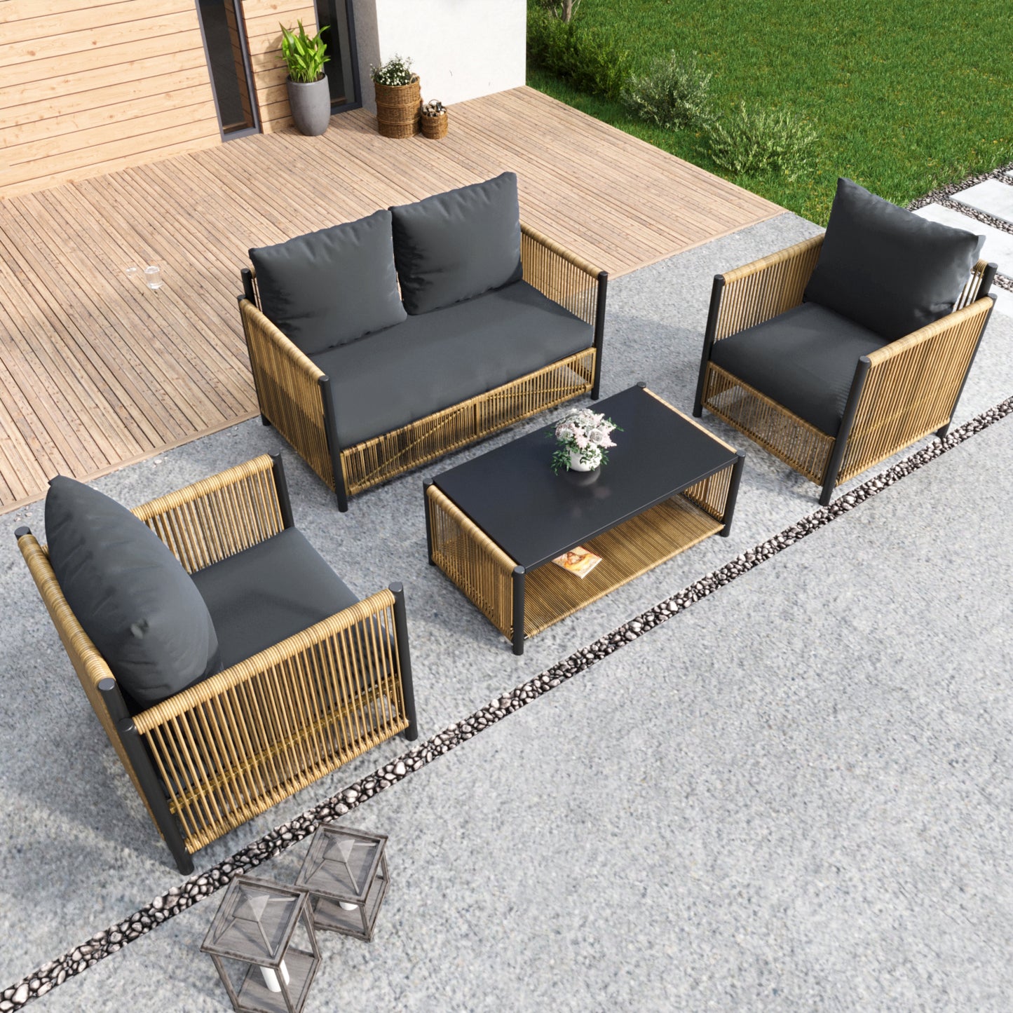 Patio 4 Pieces Brown PE Wicker Sofa Set with Grey Cushion