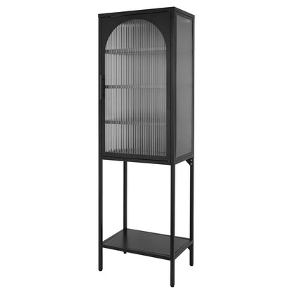 Stylish Tempered Glass High Cabinet with Arched Door Adjustable Shelves and Feet Anti-Tip Dust-free Fluted Glass Kitchen Credenza Black