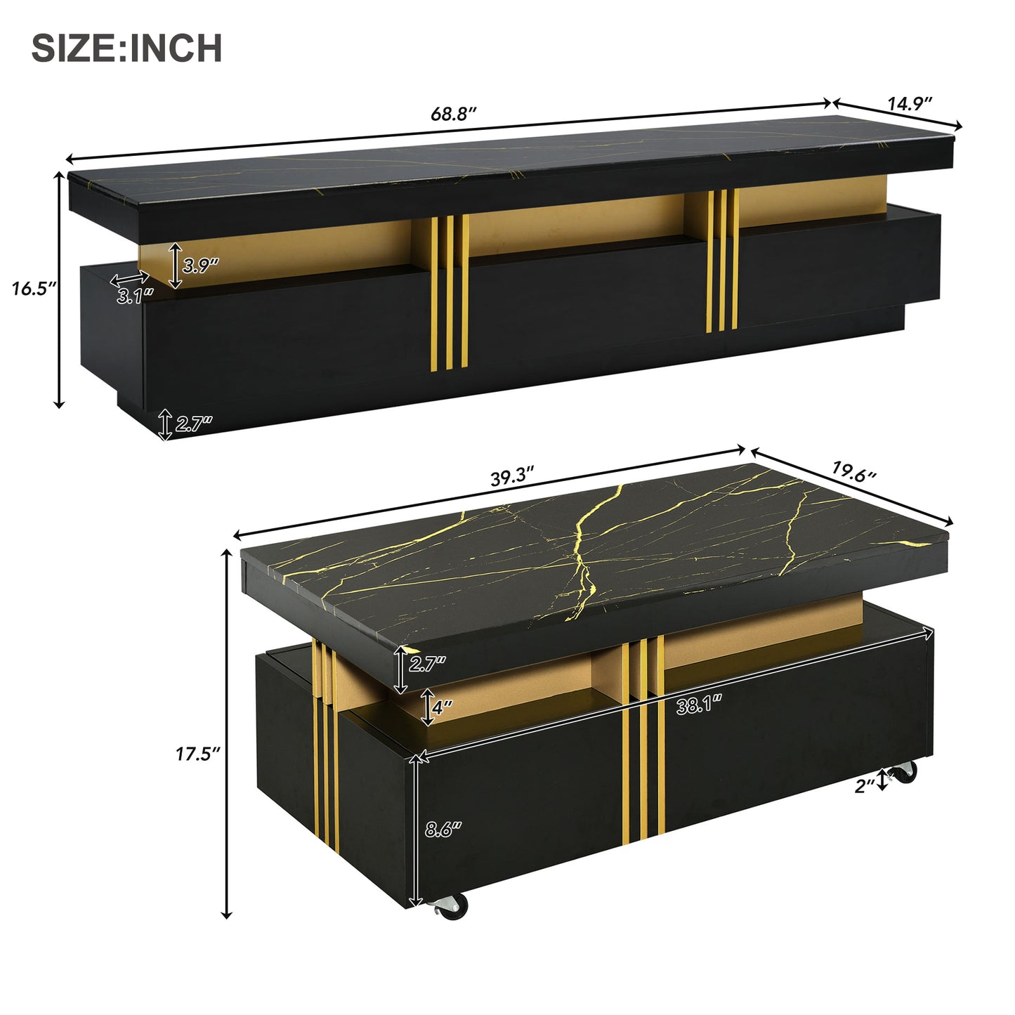 ON-TREND Modern Luxury TV Stand and Coffee Table Set of 2, High Gloss Faux Marble Top, TV Stand for TVs Up to 78'', Rectangle Coffee Table with Caster Wheels for Living Room, Black