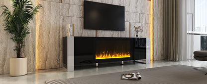 ON-TREND Modern TV Stand with 34.2" Non-heating Electric Fireplace, High Gloss Entertainment Center with 2 Cabinets, Media Console for TVs up to 78", Black