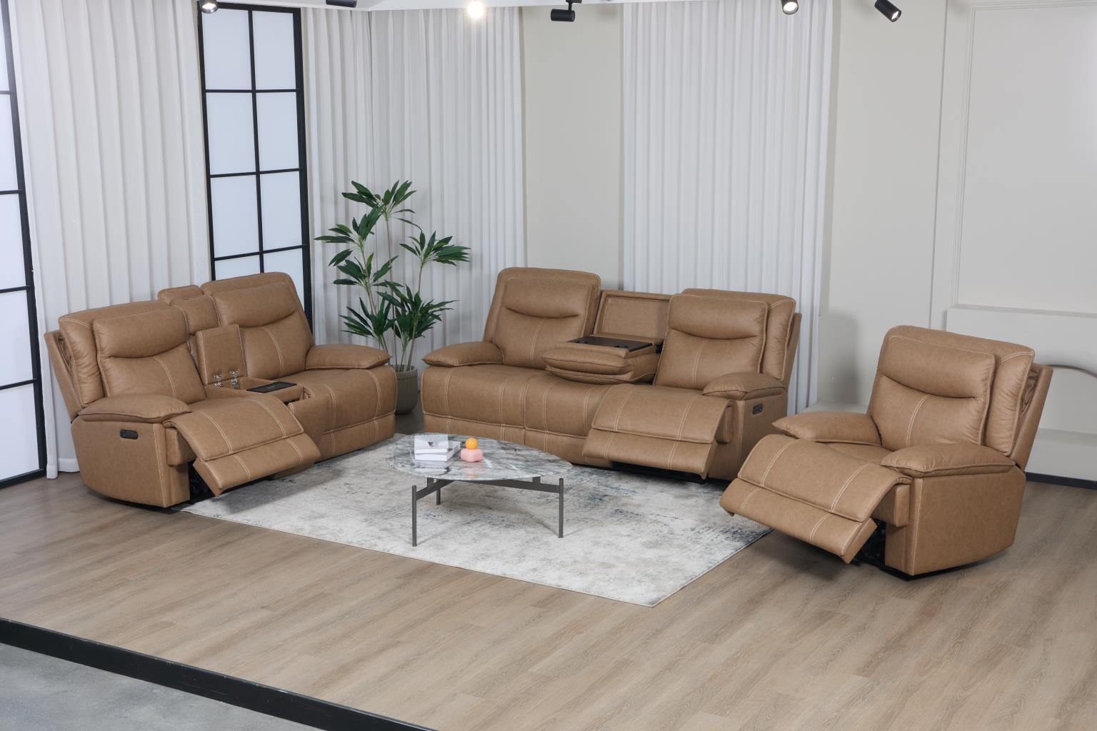 Power Reclining Sofa and Loveseat with Wireless Charging and Drop Down Table