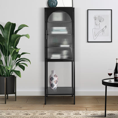 Stylish Tempered Glass High Cabinet with Arched Door Adjustable Shelves and Feet Anti-Tip Dust-free Fluted Glass Kitchen Credenza Black