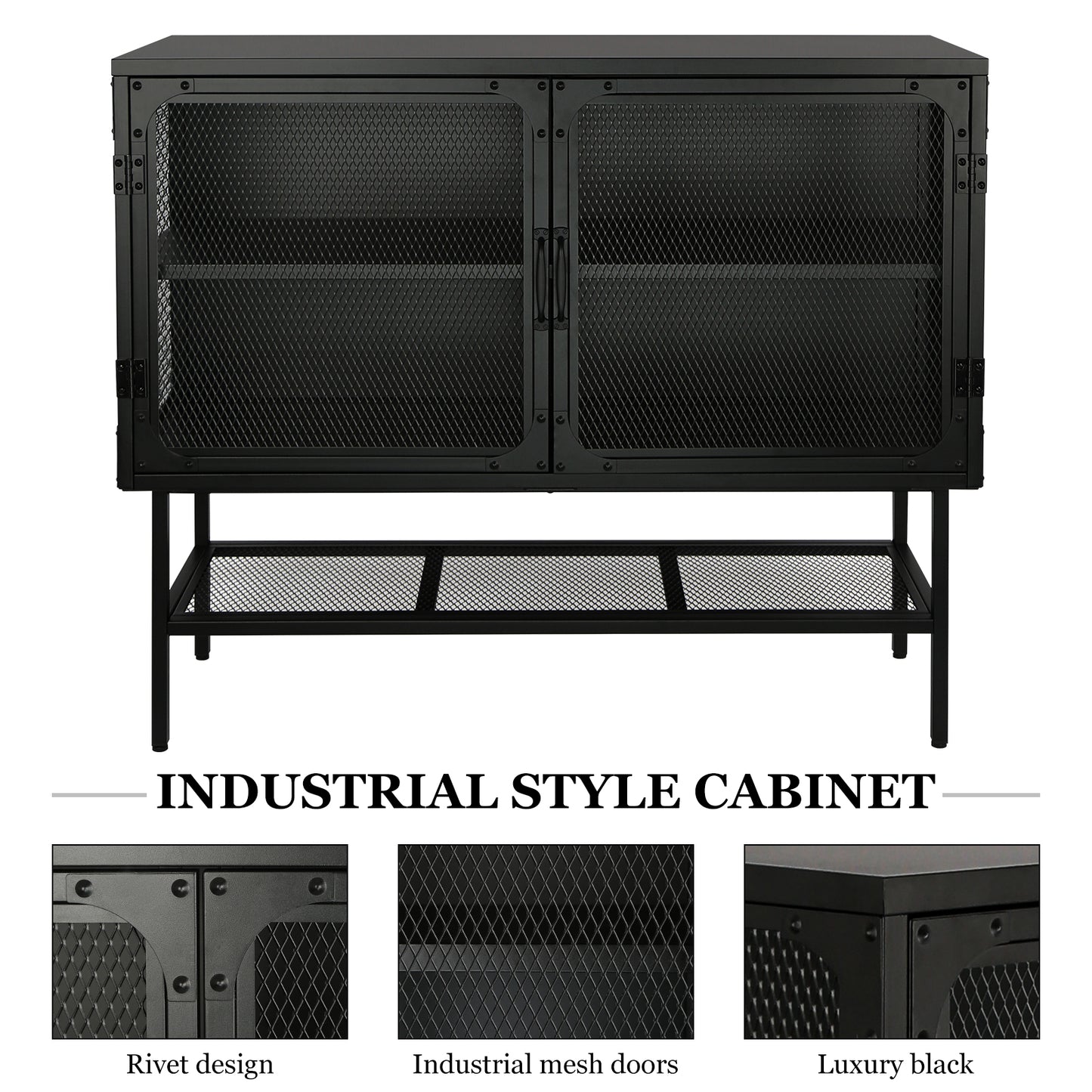 Industrial Double Door Cabinet Console Table with 2 Mesh Doors Adjustable Shelf and Feet Bottom Shelf Anti-Tip Dust-free Kitchen Credenza Sideboard Frosted Black