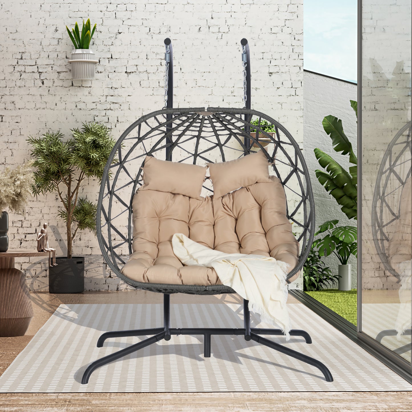 2 Person Outdoor Rattan Hanging Chair Patio Wicker Egg Chair