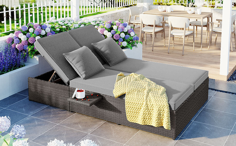 Outdoor Double Sunbed, Wicker Rattan Patio Reclining Chairs with Adjustable Backrest and Seat, Conversational Set for 2 Person, Gray