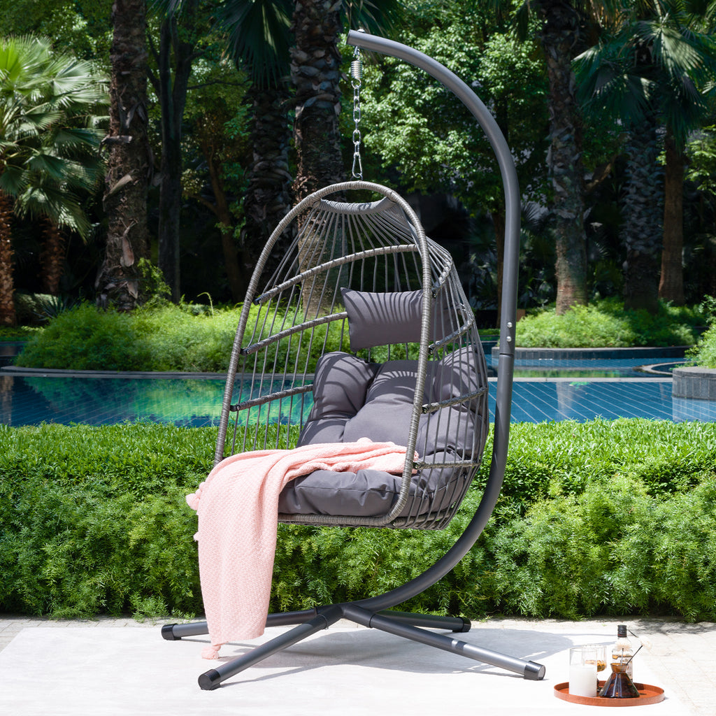 Outdoor Egg Hanging Chair with Stand, Patio Wicker Swing Egg Chair
