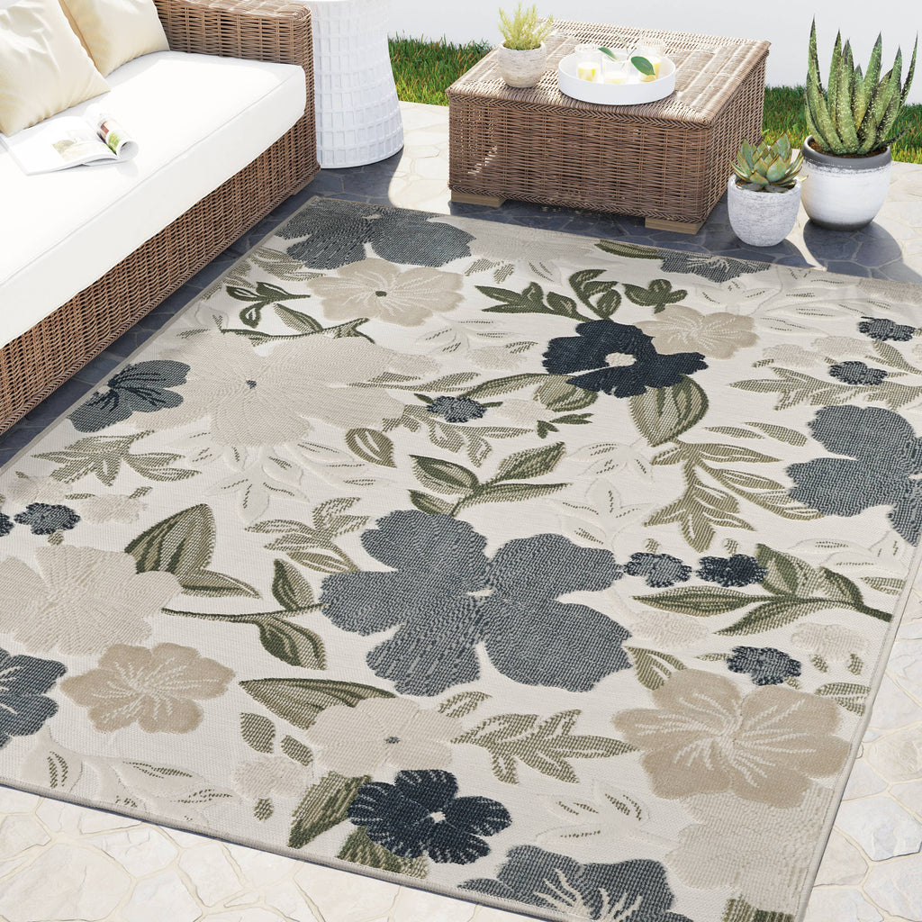 Abani SAK110A Sakura Blue Ivory Floral Indoor/Outdoor Rug: 5'3" x 7'7"