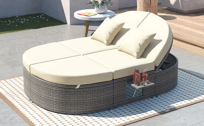 Outdoor Sun Bed Patio 2-Person Daybed with Cushions and Pillows, Rattan Garden Reclining Chaise Lounge with Adjustable Backrests and Foldable Cup Trays for Lawn, Poolside, Beige