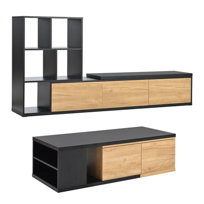 ON-TREND Extendable TV Stand and Coffee Table, Set of 2, Media Console with 3 Tier Bookshelves for TVs up to 110'', Dual-tone Center Table with Sliding Tabletop for Living Room, Black