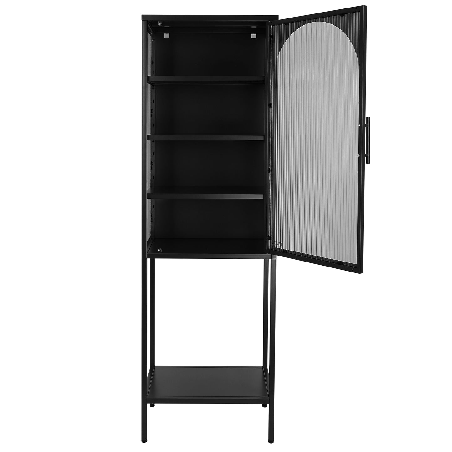 Stylish Tempered Glass High Cabinet with Arched Door Adjustable Shelves and Feet Anti-Tip Dust-free Fluted Glass Kitchen Credenza Black