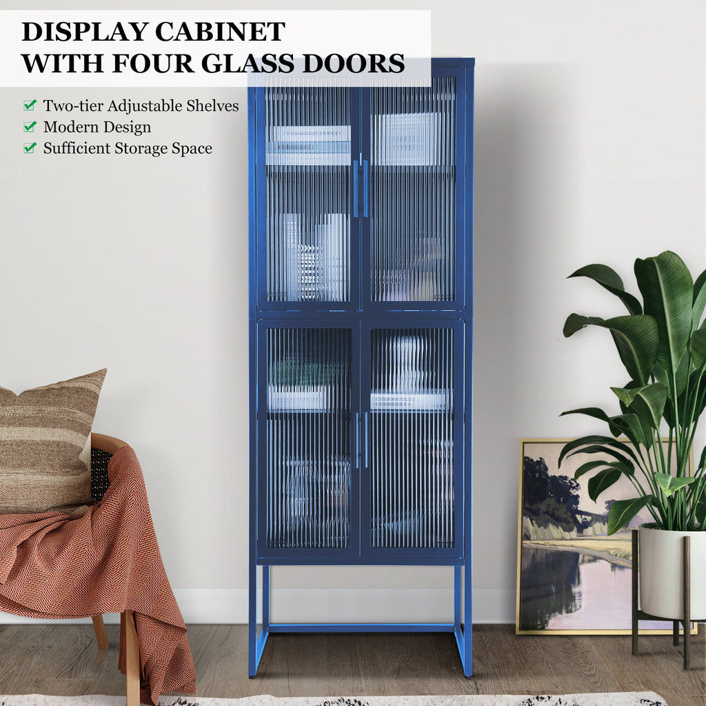Stylish 4-Door Tempered Glass Cabinet with 4 Glass Doors Adjustable Shelves U-Shaped Leg Anti-Tip Dust-free Fluted Glass Kitchen Credenza Blue
