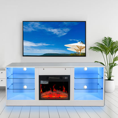 Fireplace TV Stand With 18 Inch Electric Fireplace Heater,Modern Entertainment Center for TVs up to 62 Inch With Adjustable Glass Shelves and Storage Cabinets  ( White )