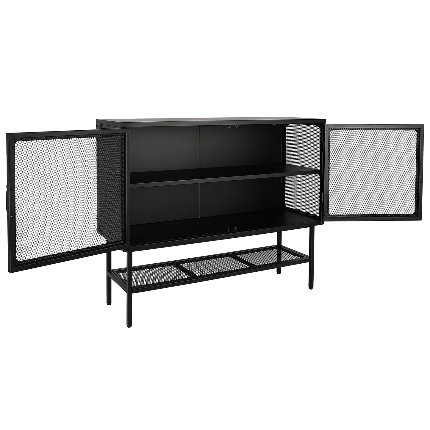 Industrial Double Door Cabinet Console Table with 2 Mesh Doors Adjustable Shelf and Feet Bottom Shelf Anti-Tip Dust-free Kitchen Credenza Sideboard Frosted Black