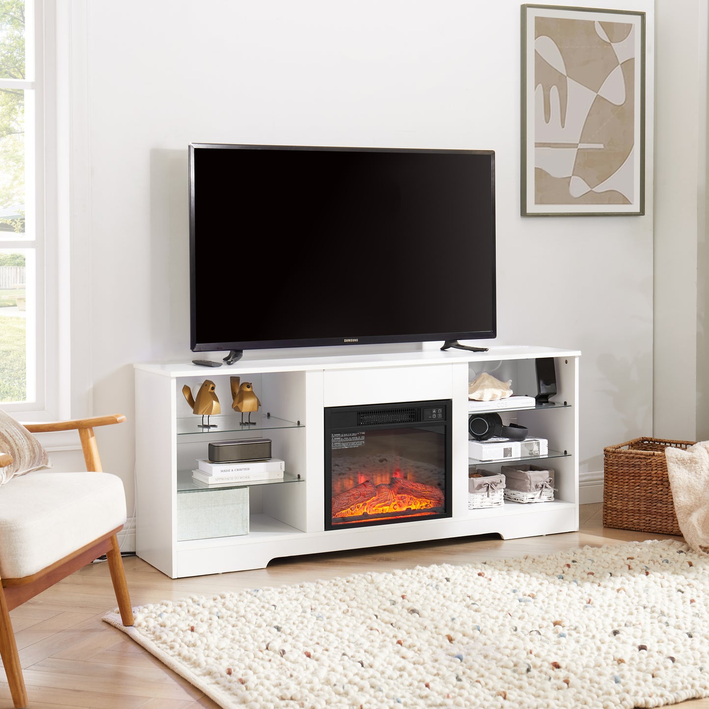 TV Stand Electric Fireplace  Glass Shelves, 3D Fireplace TV Stand with LED Lights Wood with USB Charging Outlet Modern Television Table Center for TV up to 62" White, 58''W*15.5''D*24.4