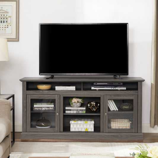 Contemporary TV Media Stand Modern Entertainment Console for TV Up to 65" with Open and Closed Storage Space, Dark Walnut/Black, 60"W*15.75"D*29"H