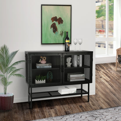 Industrial Double Door Cabinet Console Table with 2 Mesh Doors Adjustable Shelf and Feet Bottom Shelf Anti-Tip Dust-free Kitchen Credenza Sideboard Frosted Black