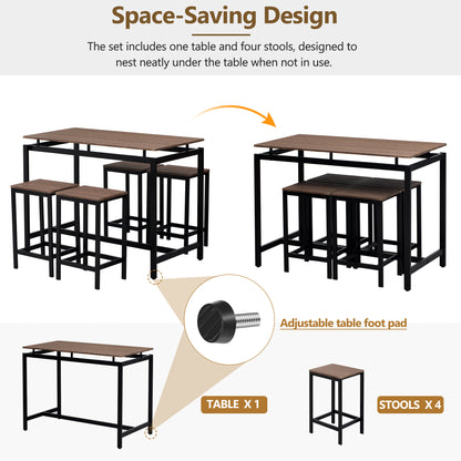 TREXM 5-Piece Compact Bar Table Set with Table and Stools - Modern Industrial Design, Space-Saving Furniture for Dining Room and Breakfast Nook (Dark Brown)