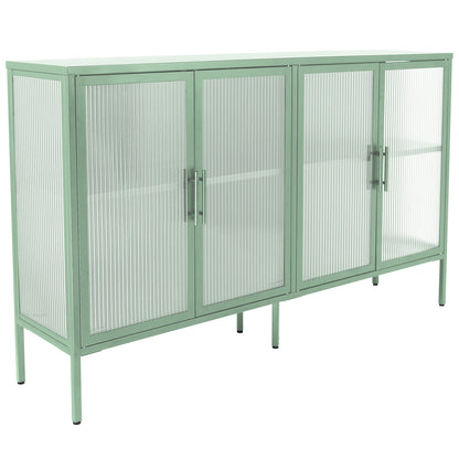 Stylish 4-Door Tempered Glass Cabinet with 4 Glass Doors Adjustable Shelf and Feet Anti-Tip Dust-free Fluted Glass Kitchen Credenza Light Green