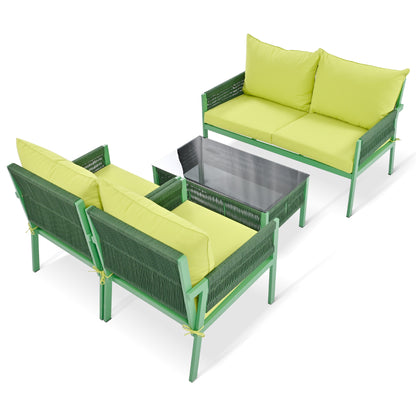 Rope Patio Furniture Set, Outdoor Furniture with Tempered Glass Table, Patio Conversation Set Deep Seating with Thick Cushion for Backyard Porch Balcony (Fluorescent Yellow & Green)