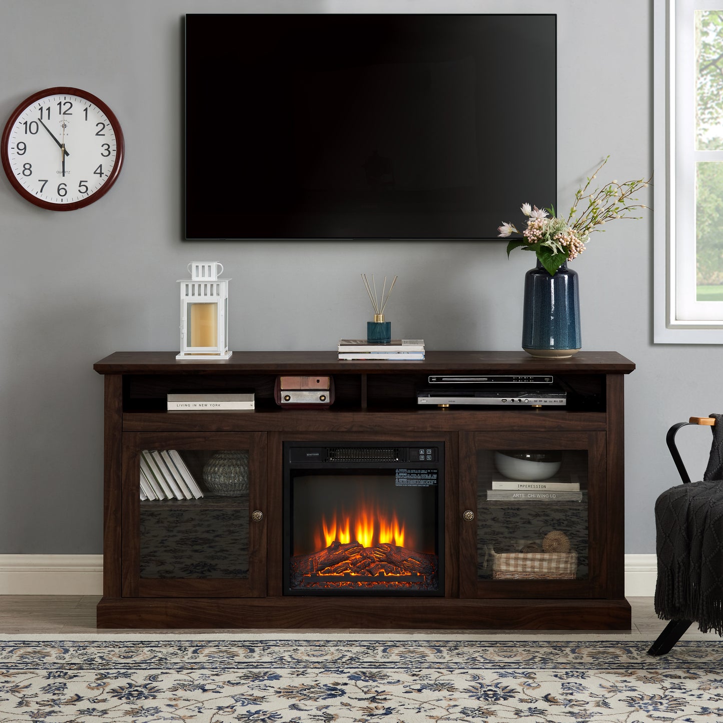 TV Stand for 65 inch TV, Entertainment Center with 18" Fireplace Insert TV Console Cabinet for Living Room/Bedroom Brown, 60"W*15.75"D*29"H