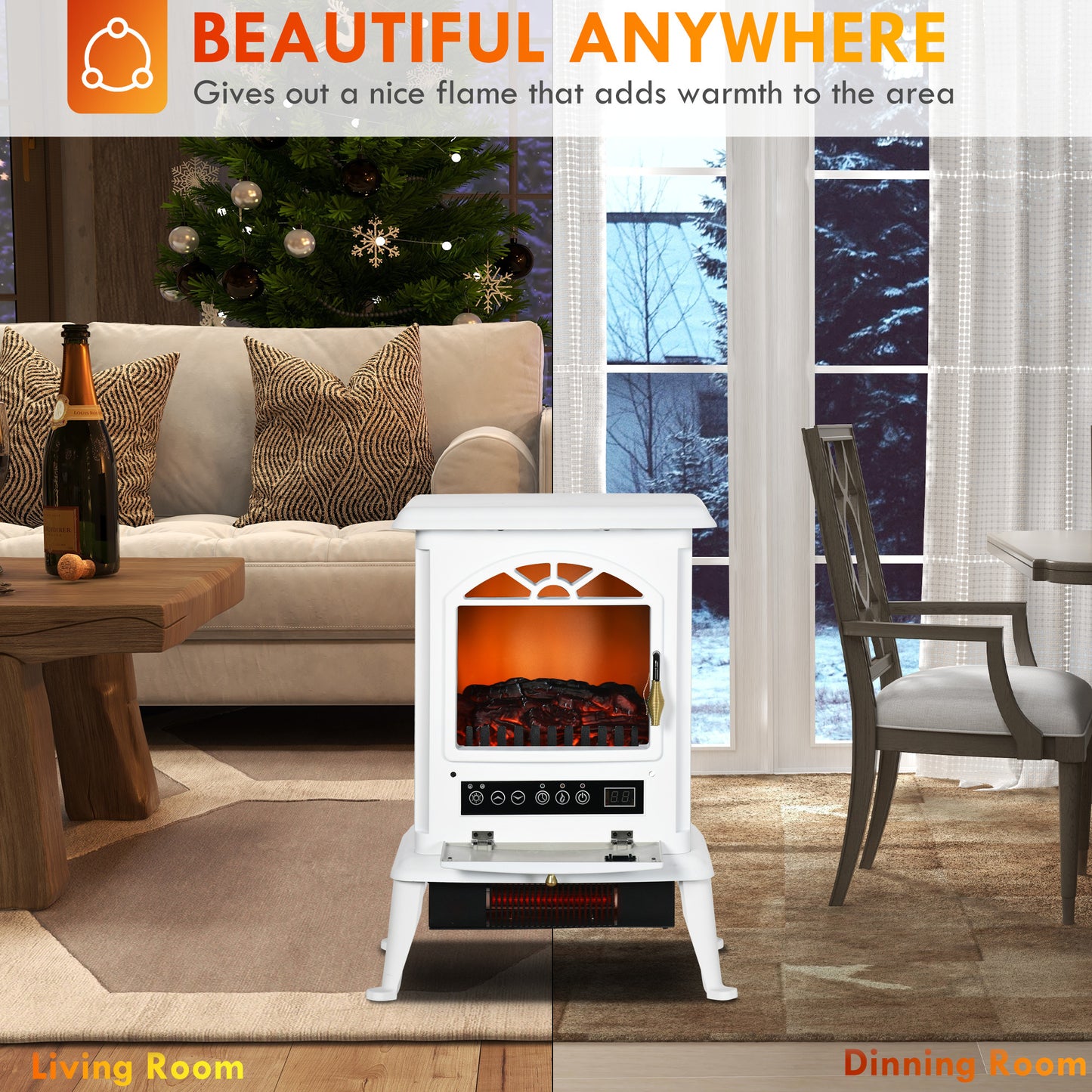 HOMCOM 23" Electric Infrared Fireplace Stove, Freestanding Fire Place Heater with Realistic Log Flame, Adjustable Temperature, Timer, 1000W/1500W, White