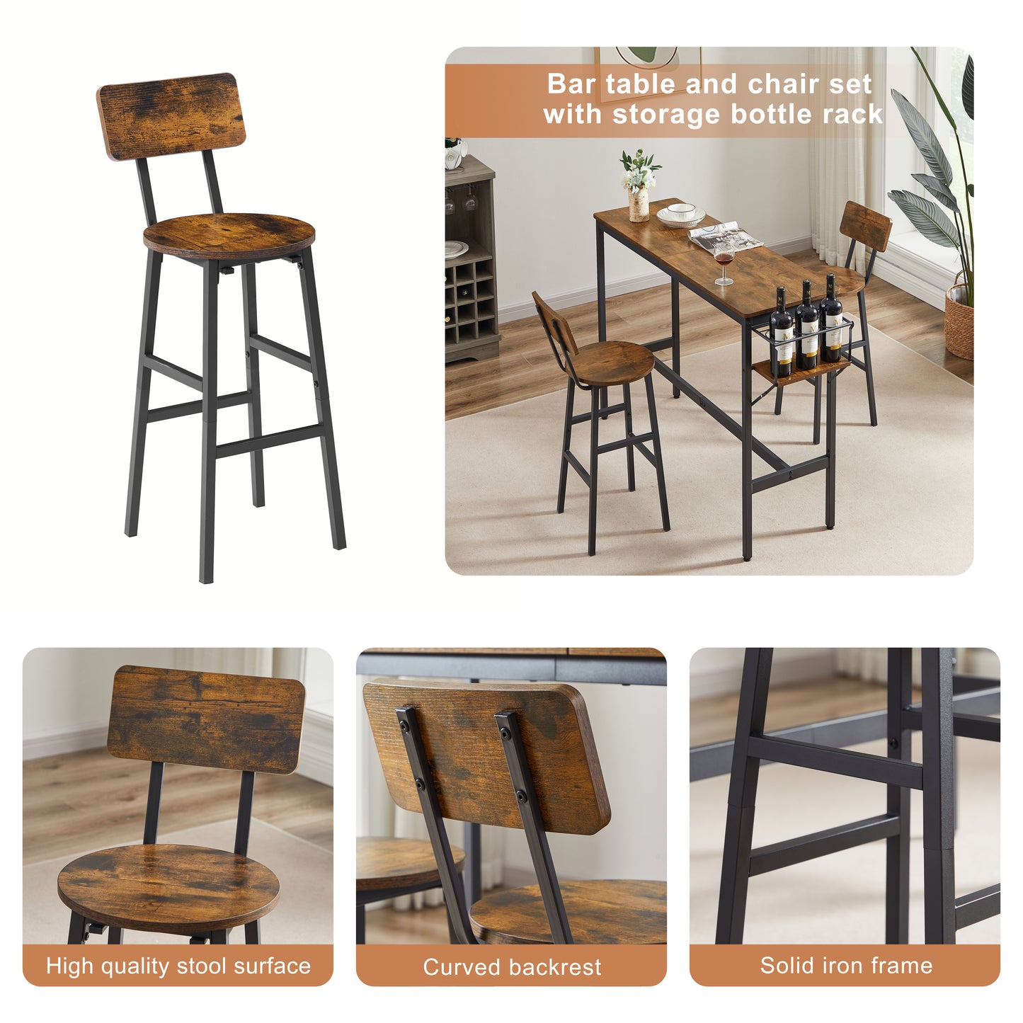 Bar Table Set with wine bottle storage rack. Rustic Brown, 47.24'' L x 15.75'' W x 35.43'' H.