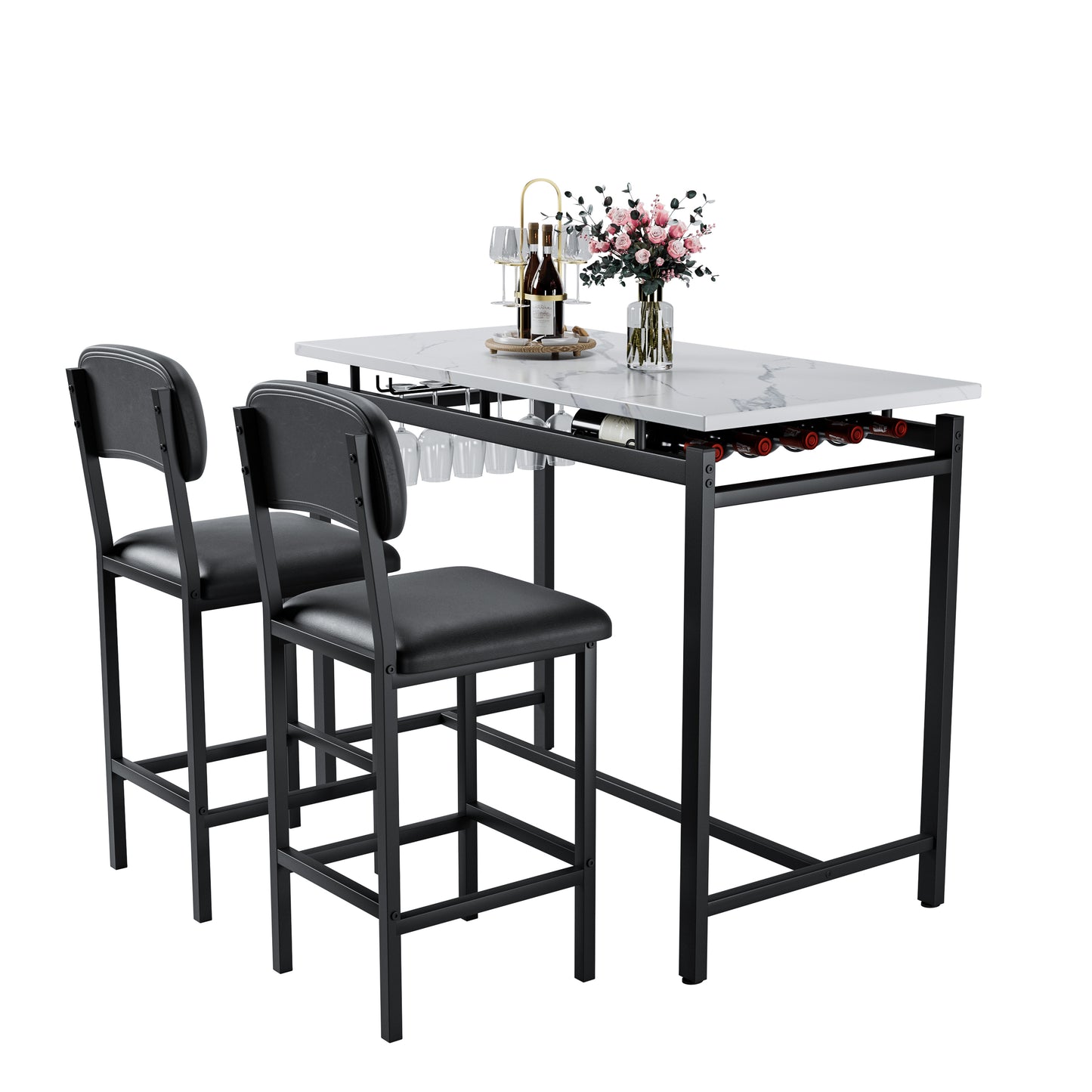 Kitchen Table Set, Dining Table and Chairs for 2, 3 Piece Dining Room Table Set with 2 Upholstered Chairs, Bar Dining Table Set for Small Spaces, Apartment, Breakfast, Pub, Rustic Black