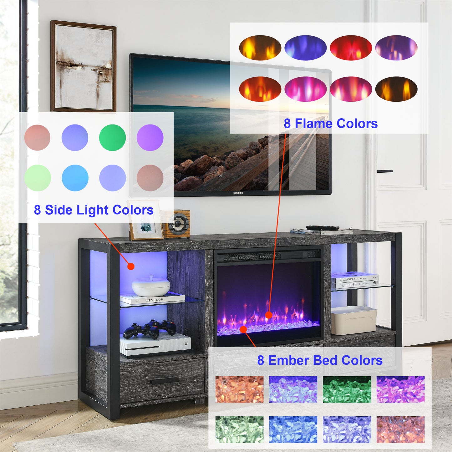 60 Inch Electric Fireplace Media TV Stand With Sync Colorful LED Lights-Dark rustic oak color