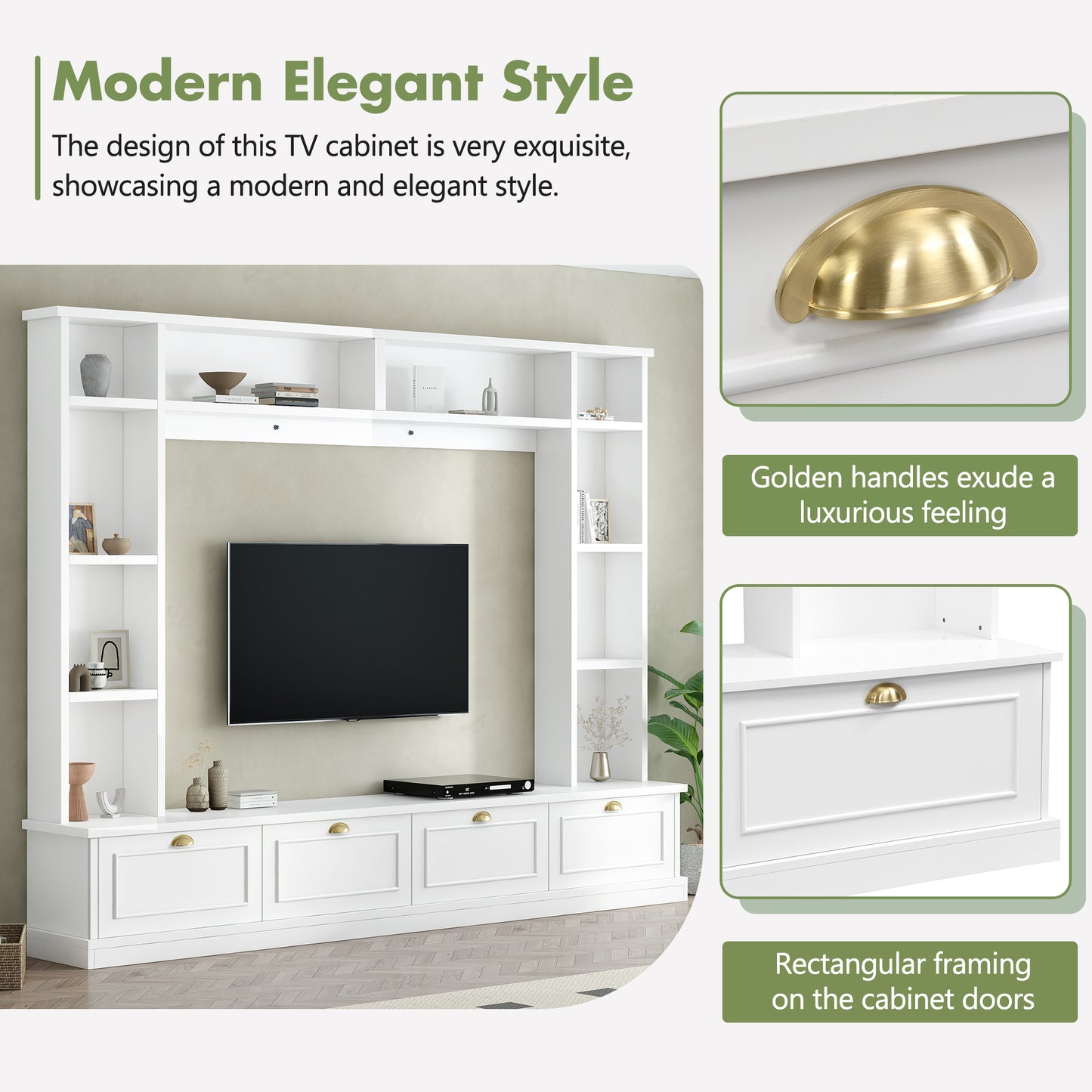 ON-TREND Large Wall Unit Entertainment Center with Bookshelves for TVs Up to 78'', Modern TV Console with Cabinets and Open Shelves, 4-in-1 TV Stand with Golden Handles, White, 104.2''W*81.2''H