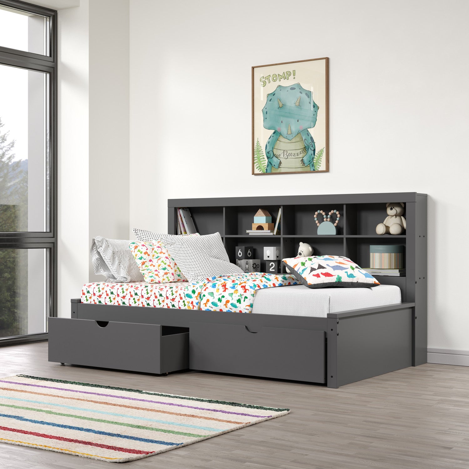 Gray Trundle Storage Bookcase Bed in Twin Size