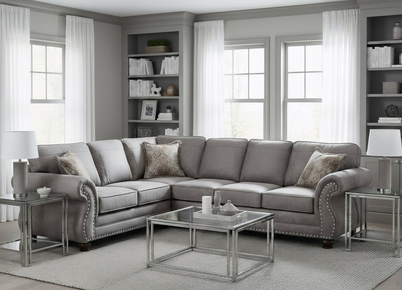 Bombay Mica Goliath Gray Sectional with Nail Head Trim