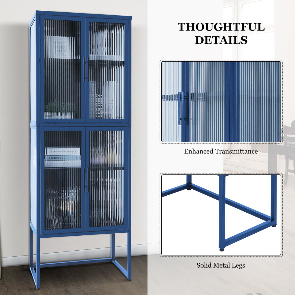 Stylish 4-Door Tempered Glass Cabinet with 4 Glass Doors Adjustable Shelves U-Shaped Leg Anti-Tip Dust-free Fluted Glass Kitchen Credenza Blue