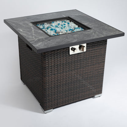 30inch Outdoor Fire Table Propane Gas Fire Pit Table with Lid Gas Fire Pit Table with Glass Rocks and Rain Cover