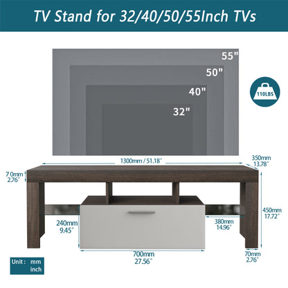 20 minutes quick assembly brown simple modern TV  stand with the toughened glass shelf Floor cabinet Floor TV wall cabinet Brown + whiteTV bracket  with LED Color Changing Lights for Living Room