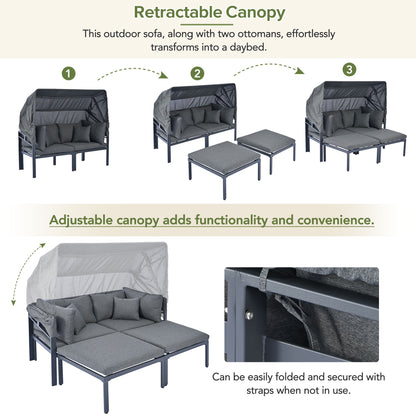 TOPMAX 3-Piece Patio Daybed with Retractable Canopy Outdoor Metal Sectional Sofa Set Sun Lounger with Cushions for Backyard, Porch, Poolside,Grey