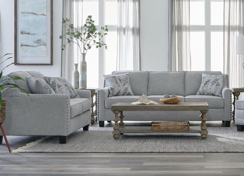 Breezy Mist Gray Nail Head Sofa and Loveseat