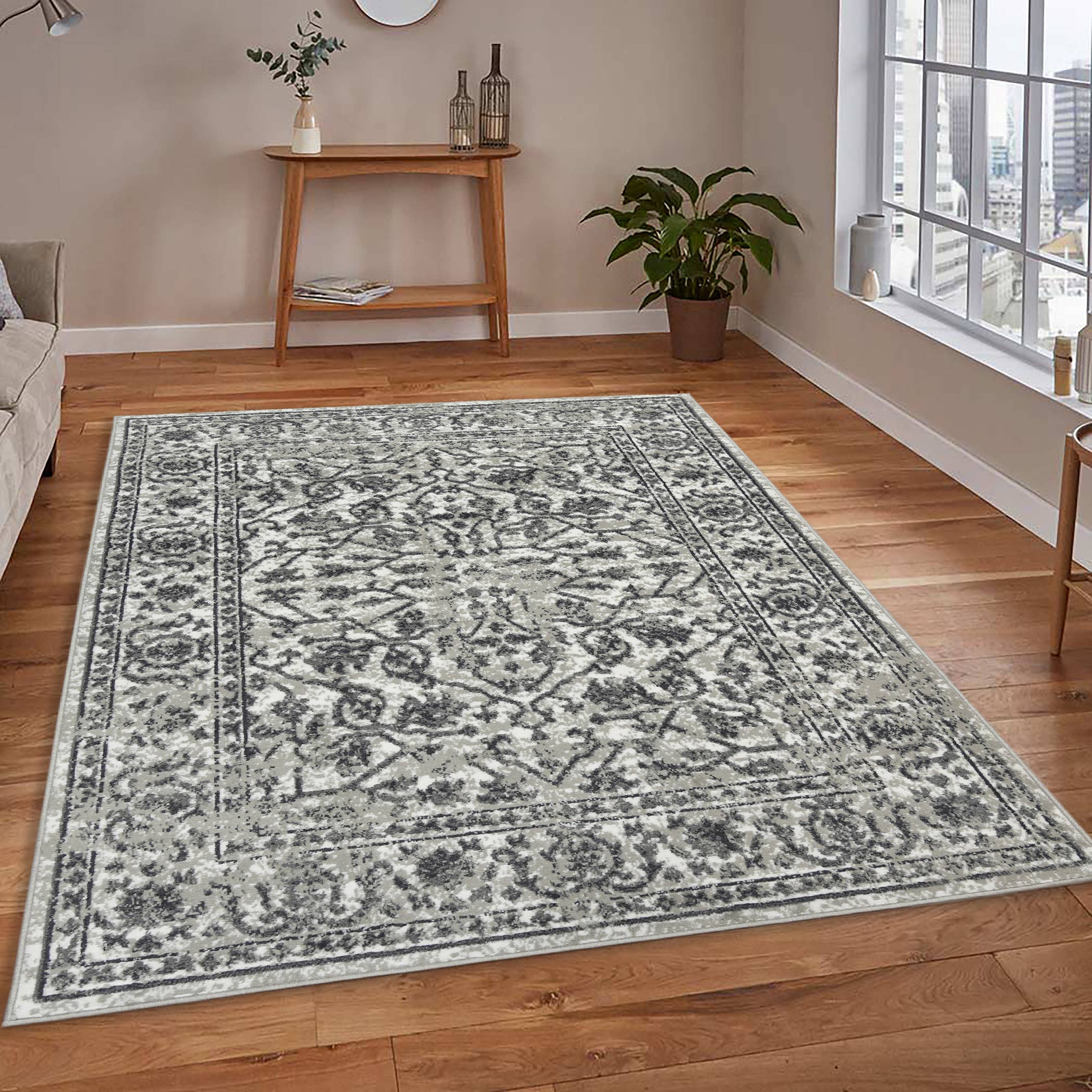 Alpine Fany Bordered Area Rug: Light Gray / 5'3" x 7'6"
